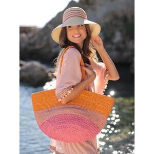 Shiraleah Colorblock Jute Resort Tote Pink Orange Beach Bag NWT